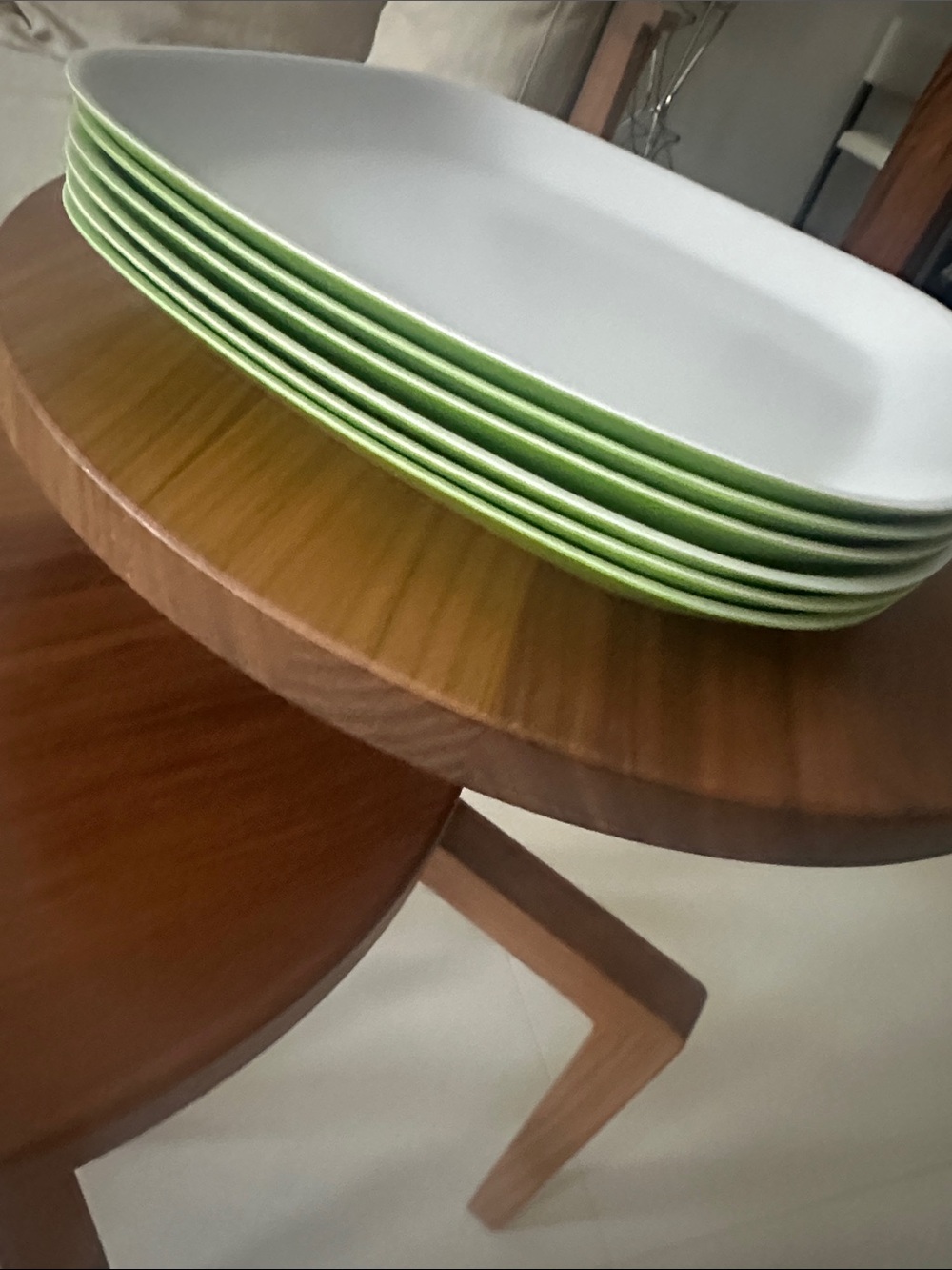 Set of 6 White square Dinner Plates with Green bottom.